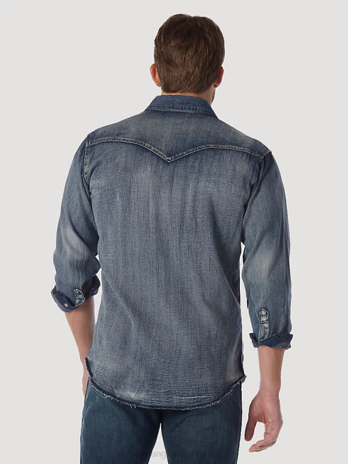 Clothing Antique Blue (MS1039W) Men Wrangler Cowboy Cut Long Sleeve Western Denim Snap Work Shirt 8V2H408