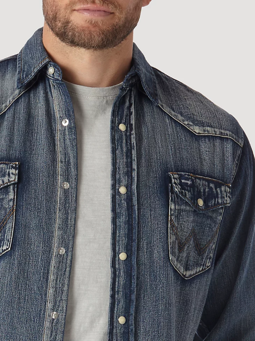 Clothing Antique Blue (MS1039W) Men Wrangler Cowboy Cut Long Sleeve Western Denim Snap Work Shirt 8V2H408