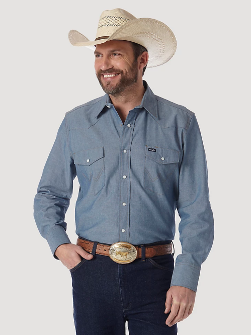 Clothing Chambray Blue (MS70919) Men Wrangler Cowboy Cut Firm Finish Long Sleeve Western Snap Solid Work Shirt 8V2H419