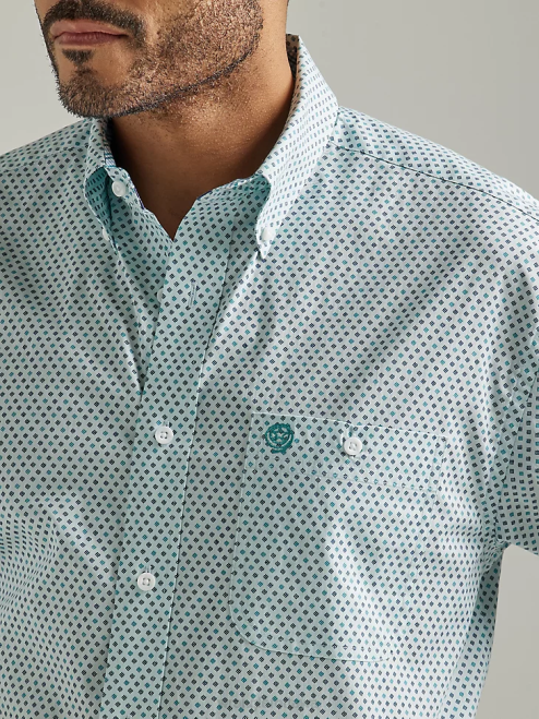Wrangler Clothing Aqua Board (112327821) Men George Strait Short Sleeve Button Down One Pocket Print Shirt 8V2H301