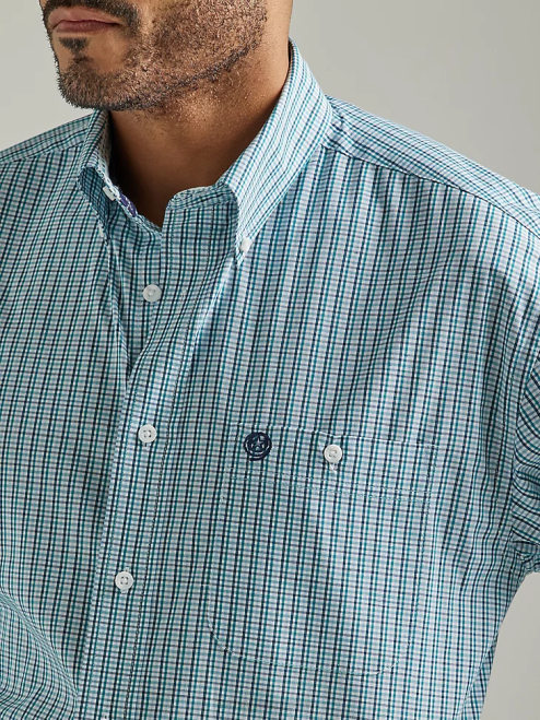 Wrangler Clothing Aqua Sea Tattersal (112327804) Men George Strait Long Sleeve Button Down One Pocket Plaid Shirt 8V2H319