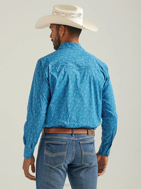 Wrangler Clothing Azul (112324831) Men 20X Competition Advanced Comfort Long Sleeve Western Snap Print Shirt Blue 8V2H485