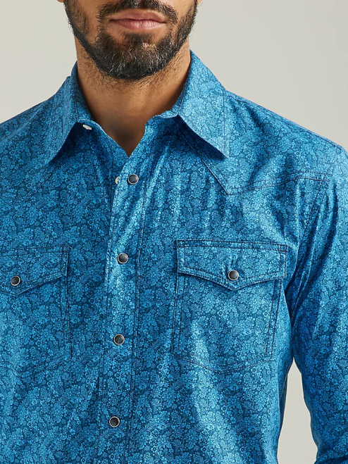 Wrangler Clothing Azul (112324831) Men 20X Competition Advanced Comfort Long Sleeve Western Snap Print Shirt Blue 8V2H485