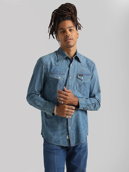 Wrangler Clothing Azul Blue (112324833) Men 20X Competition Advanced Comfort Long Sleeve Western Snap Print Shirt 8V2H481