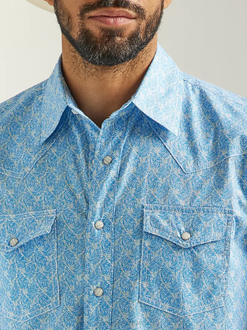 Wrangler Clothing Azul Blue (112324833) Men 20X Competition Advanced Comfort Long Sleeve Western Snap Print Shirt 8V2H481