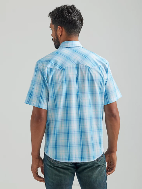 Wrangler Clothing Baby Blue (112324654) Men Fashion Snap Short Sleeve Western Snap Plaid Shirt 8V2H457