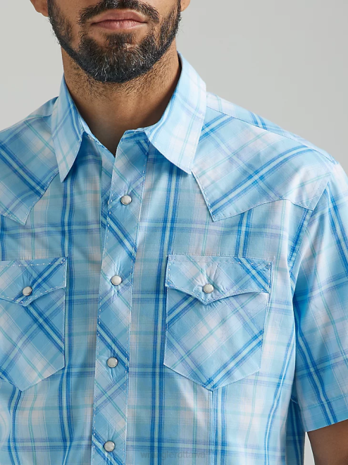 Wrangler Clothing Baby Blue (112324654) Men Fashion Snap Short Sleeve Western Snap Plaid Shirt 8V2H457