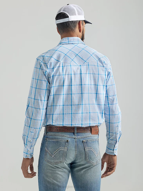 Wrangler Clothing Baby Blue (112324829) Men 20X Competition Advanced Comfort Long Sleeve Two Pocket Western Snap Plaid Shirt 8V2H491