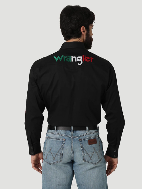 Wrangler Clothing Black (112317124) Men Logo Long Sleeve Button Down Solid Shirt 8V2H396
