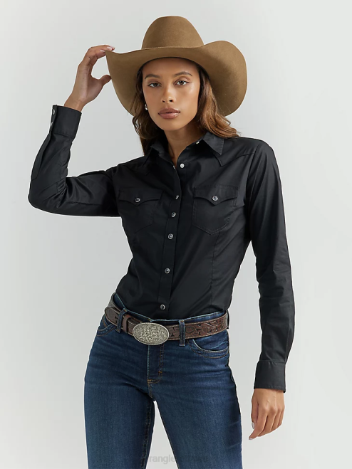 Wrangler Clothing Black (LW1002X) Women Long Sleeve One Point Front and Back Yokes Solid Top 8V2H888