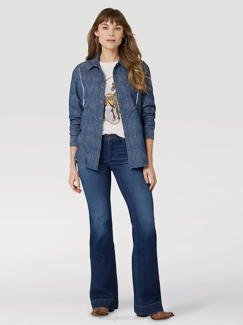 Wrangler Clothing Black (LW1002X) Women Long Sleeve One Point Front and Back Yokes Solid Top 8V2H888