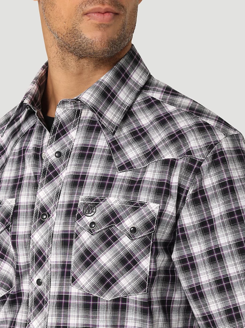 Wrangler Clothing Black White (112324673) Men Retro Short Sleeve Western Snap with Sawtooth Flap Pocket Plaid Shirt 8V2H428