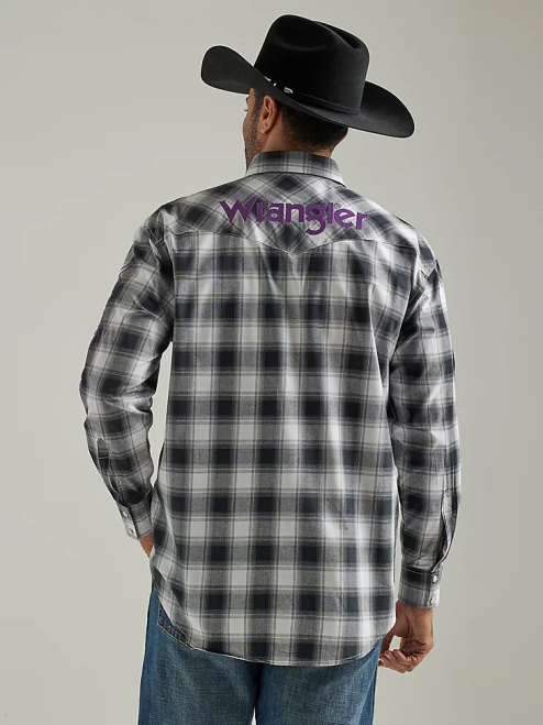 Wrangler Clothing Black White Buffalo (112327777) Men Logo Long Sleeve Western Snap Plaid Shirt 8V2H499