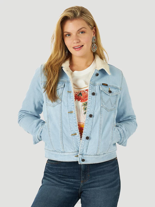 Wrangler Clothing Bleached Denim (112317322) Women Retro Sherpa Lined Western Denim Jacket 8V2H870