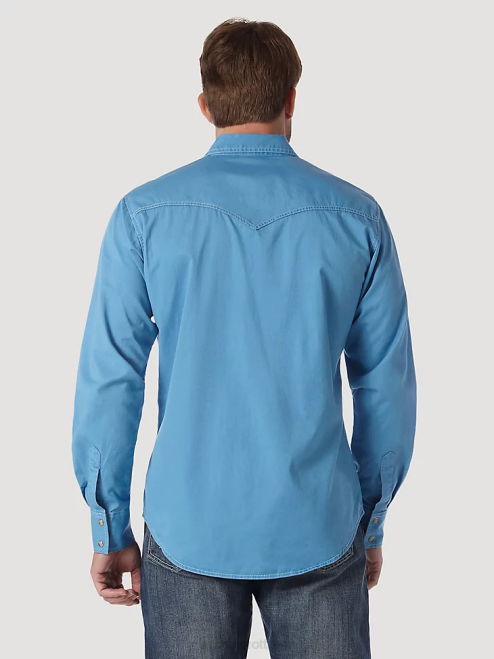Wrangler Clothing Blue (MVR507J) Men Contrast Trim Western Two Snap Flap Pocket Shirt 8V2H438