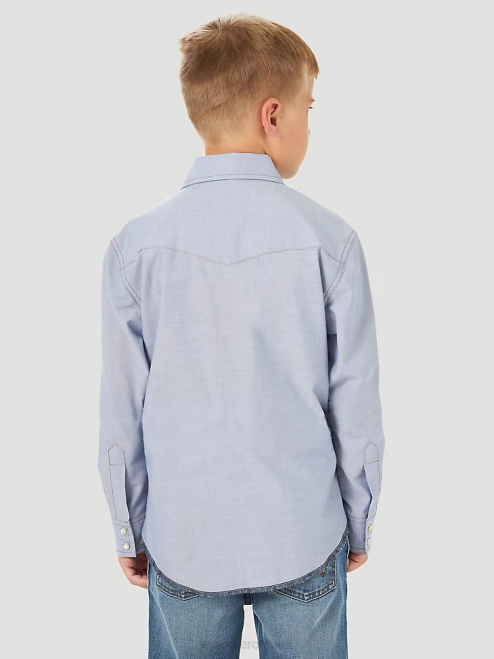 Wrangler Clothing Blue Chambray (BW7013B) Boys Cowboy Cut Western Snap Shirt 8V2H970