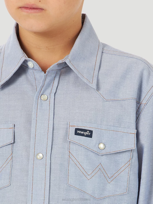 Wrangler Clothing Blue Chambray (BW7013B) Boys Cowboy Cut Western Snap Shirt 8V2H970