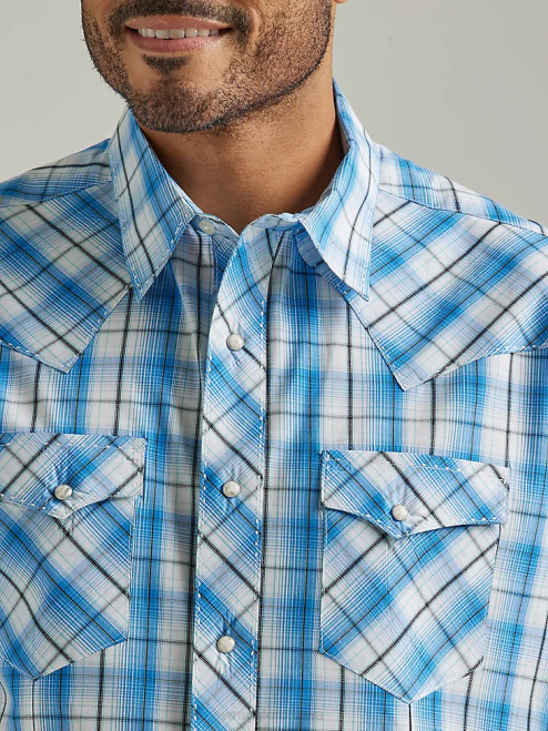 Wrangler Clothing Blue Horizons (112326469) Men Fashion Snap Short Sleeve Western Snap Plaid Shirt 8V2H460