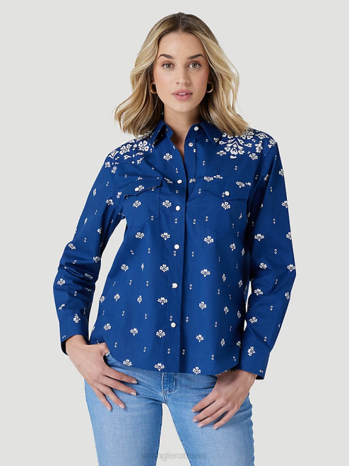 Wrangler Clothing Blue Print (112327260) Women Retro Americana Bandana Western Snap Shirt 8V2H883