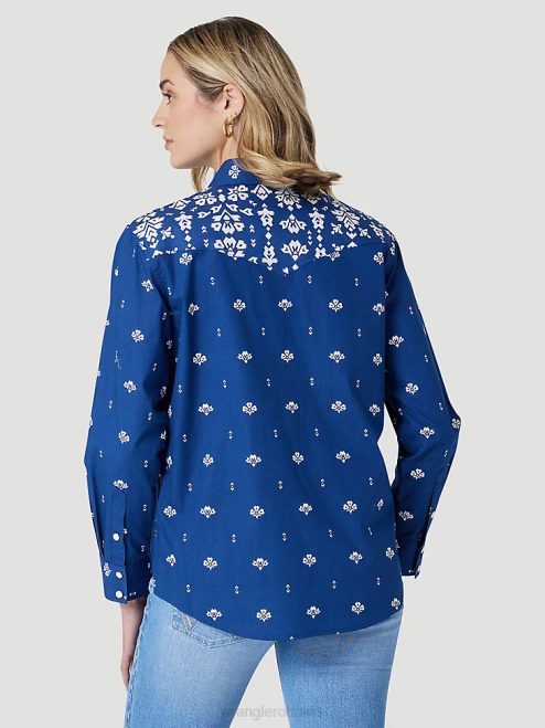 Wrangler Clothing Blue Print (112327260) Women Retro Americana Bandana Western Snap Shirt 8V2H883