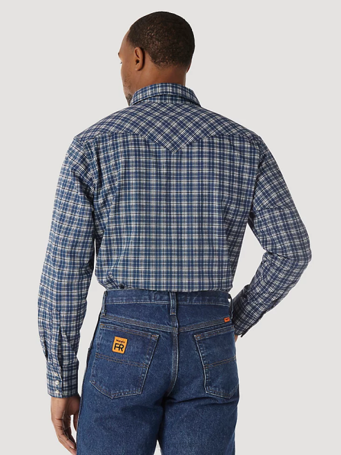 Wrangler Clothing Blue/Black (FR122BW) Men FR Flame Resistant Long Sleeve Western Snap Plaid Shirt 8V2H501