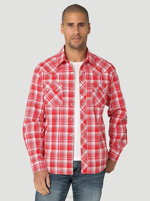 Wrangler Clothing Bold Red (112324672) Men Retro Long Sleeve Sawtooth Snap Pocket Western Shirt 8V2H691