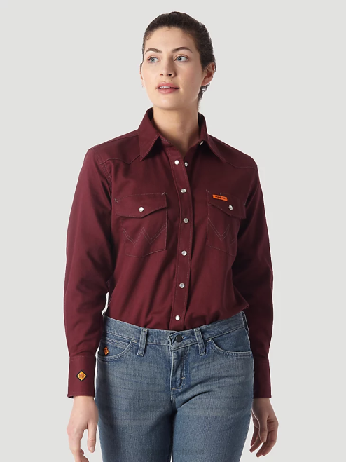 Wrangler Clothing Burgundy (FRLW04R) Women FR Flame Resistant Long Sleeve Solid 8V2H895