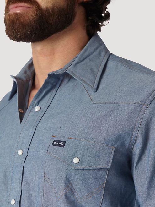 Wrangler Clothing Chambray (70136MW) Men Cowboy Cut Work Western Rigid Denim Long Sleeve Shirt 8V2H441