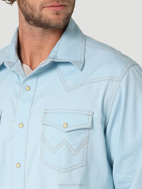 Wrangler Clothing Cool Blue (112324804) Men Retro Premium Contrast Trim Western Snap Flap Pocket Solid Shirt 8V2H455