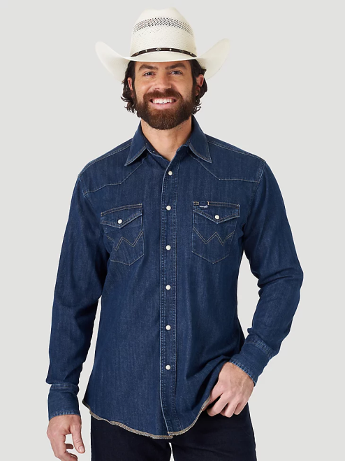 Wrangler Clothing Dark Denim (MS1041D) Men Cowboy Cut Long Sleeve Western Denim Snap Work Shirt 8V2H406