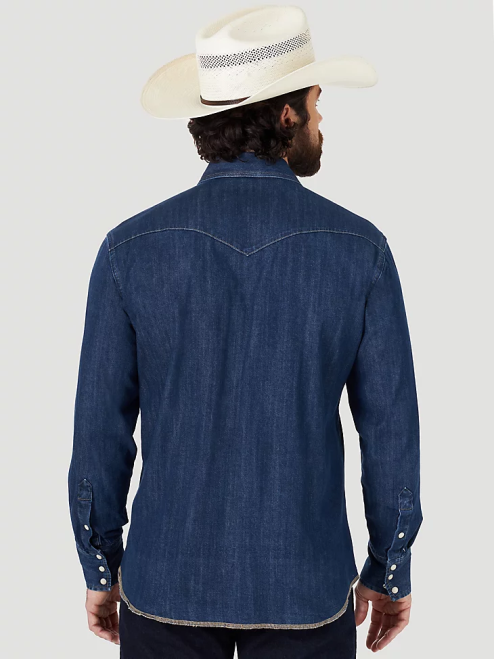 Wrangler Clothing Dark Denim (MS1041D) Men Cowboy Cut Long Sleeve Western Denim Snap Work Shirt 8V2H406