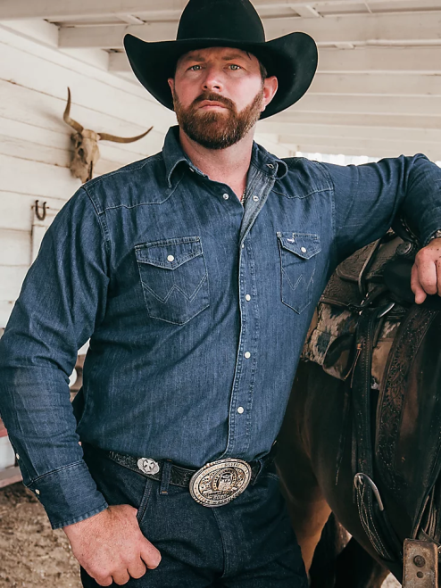 Wrangler Clothing Dark Denim (MS1041D) Men Cowboy Cut Long Sleeve Western Denim Snap Work Shirt 8V2H406
