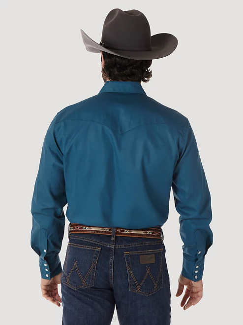 Wrangler Clothing Dark Teal (MS71419) Men Cowboy Cut Firm Finish Long Sleeve Western Snap Solid Work Shirt 8V2H421