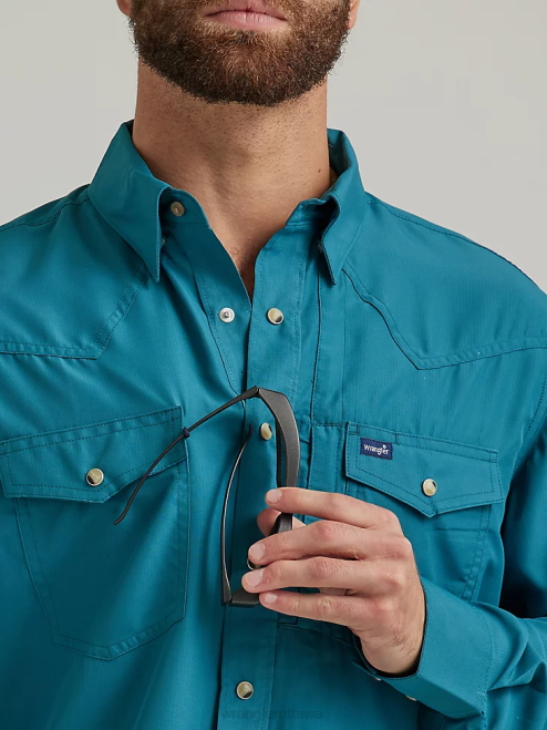 Wrangler Clothing Deep Teal (112326173) Men Performance Snap Long Sleeve Solid Shirt 8V2H433