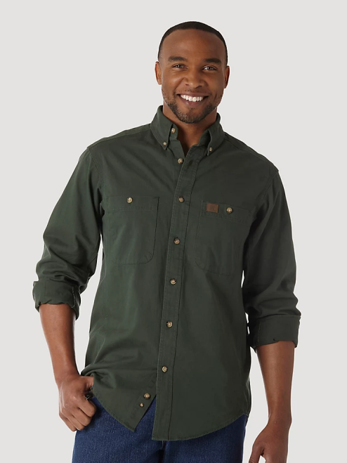 Wrangler Clothing Forest Green (3W501FG) Men RIGGS Workwear Long Sleeve Button Down Solid Twill Work Shirt 8V2H349