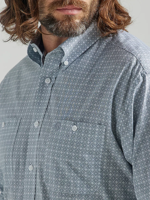 Wrangler Clothing Grey (112324885) Men George Strait Long Sleeve Two Pocket Button Down Print Shirt 8V2H367