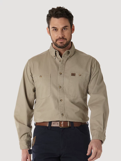 Wrangler Clothing Khaki (3W501KH) Men RIGGS Workwear Long Sleeve Button Down Solid Twill Work Shirt 8V2H351