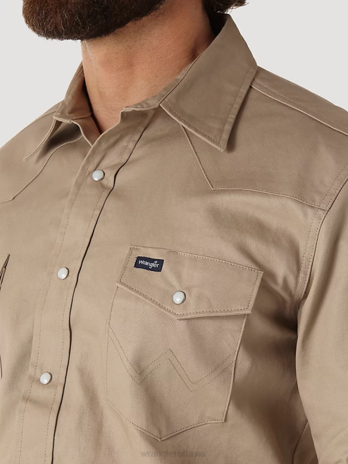 Wrangler Clothing Khaki (MS70319) Men Cowboy Cut Firm Finish Long Sleeve Western Snap Solid Work Shirt 8V2H417
