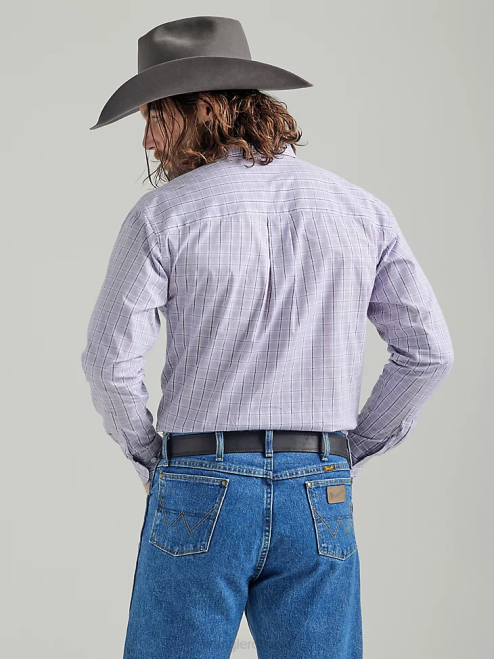 Wrangler Clothing Lilac (112324814) Men George Strait Long Sleeve Button Down Two Pocket Plaid Shirt 8V2H324
