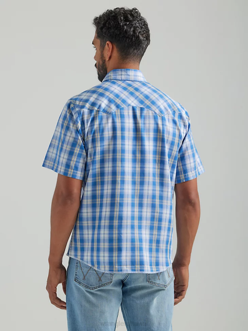 Wrangler Clothing Med Blue (112324653) Men Fashion Snap Short Sleeve Western Snap Plaid Shirt 8V2H459