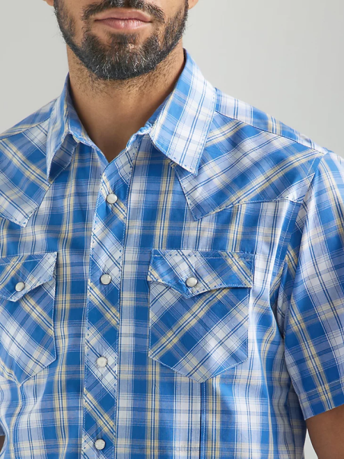Wrangler Clothing Med Blue (112324653) Men Fashion Snap Short Sleeve Western Snap Plaid Shirt 8V2H459