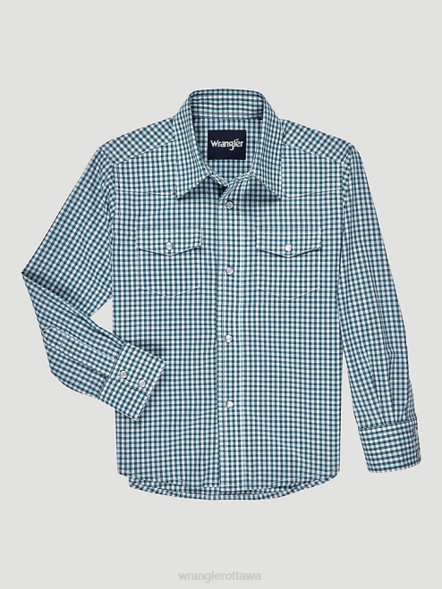 Wrangler Clothing Mixed Greens (112326355) Boys Long Sleeve Wrinkle Resist Western Snap Plaid Shirt 8V2H967