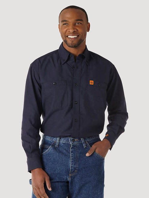 Wrangler Clothing Navy (FR3W01N) Men RIGGS Workwear FR Flame Resistant Twill Solid Work Shirt 8V2H402