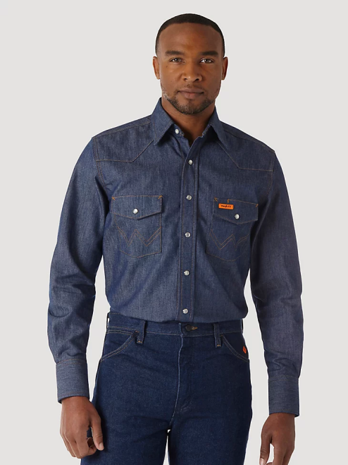 Wrangler Clothing Navy/Black (FR123BL) Men FR Flame Resistant Long Sleeve Western Snap Plaid Shirt 8V2H500
