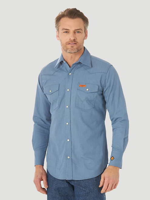 Wrangler Clothing Navy/Black (FR123BL) Men FR Flame Resistant Long Sleeve Western Snap Plaid Shirt 8V2H500