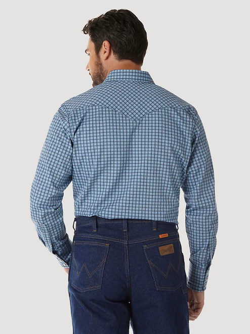 Wrangler Clothing Navy/Black (FR123BL) Men FR Flame Resistant Long Sleeve Western Snap Plaid Shirt 8V2H694