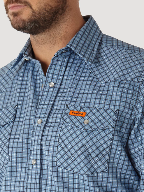 Wrangler Clothing Navy/Black (FR123BL) Men FR Flame Resistant Long Sleeve Western Snap Plaid Shirt 8V2H694