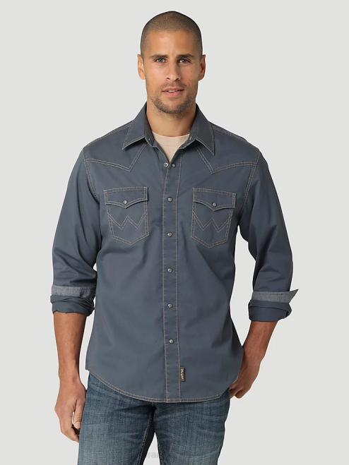 Wrangler Clothing Ombre Blue (112324845) Men Retro Premium Contrast Trim Western Snap Flap Pocket Solid Shirt 8V2H456