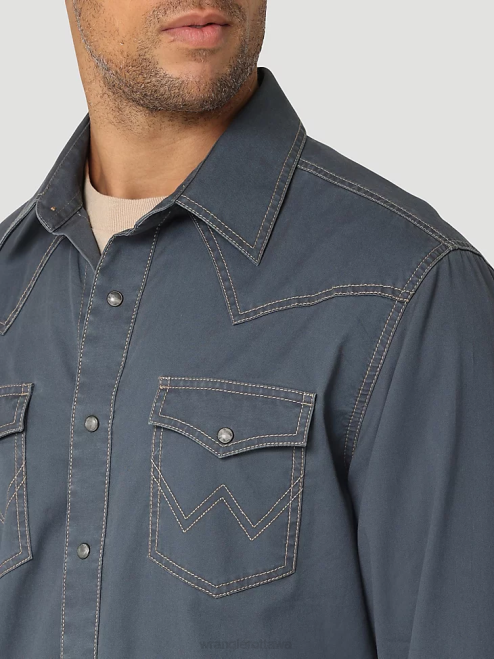 Wrangler Clothing Ombre Blue (112324845) Men Retro Premium Contrast Trim Western Snap Flap Pocket Solid Shirt 8V2H456