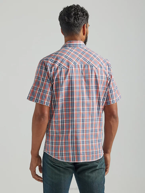 Wrangler Clothing Orange (112324665) Men Fashion Snap Short Sleeve Western Snap Plaid Shirt 8V2H458